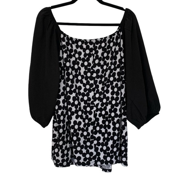 CATO Women’s‎ Top Off Shoulder Blk/Wht Daisy Peasant Balloon 3/4 Sleeves 18/20W - Picture 2 of 16